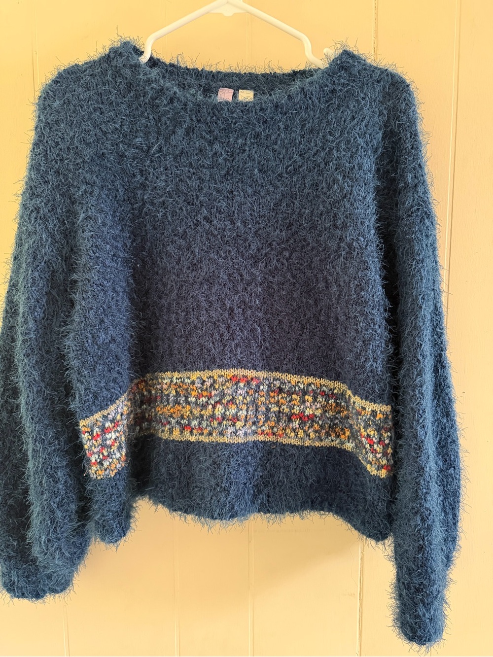 Alya Cozy Navy Fuzzy Sweater with Multicolor Band